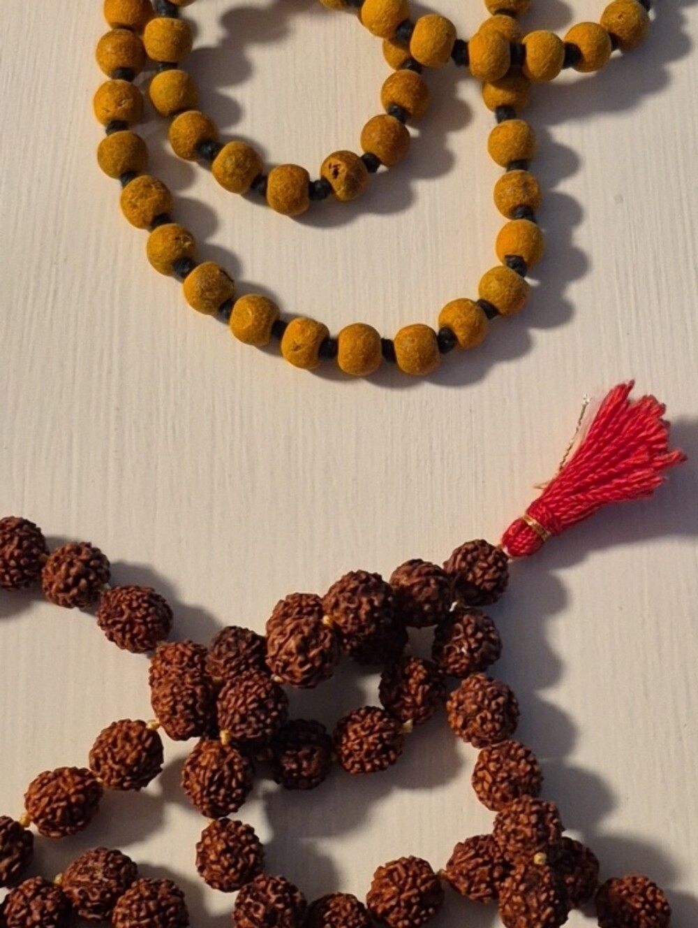 Yellow Turmeric Mala Necklace & Brown Rudraksha Strand Mala with Red Tassel
